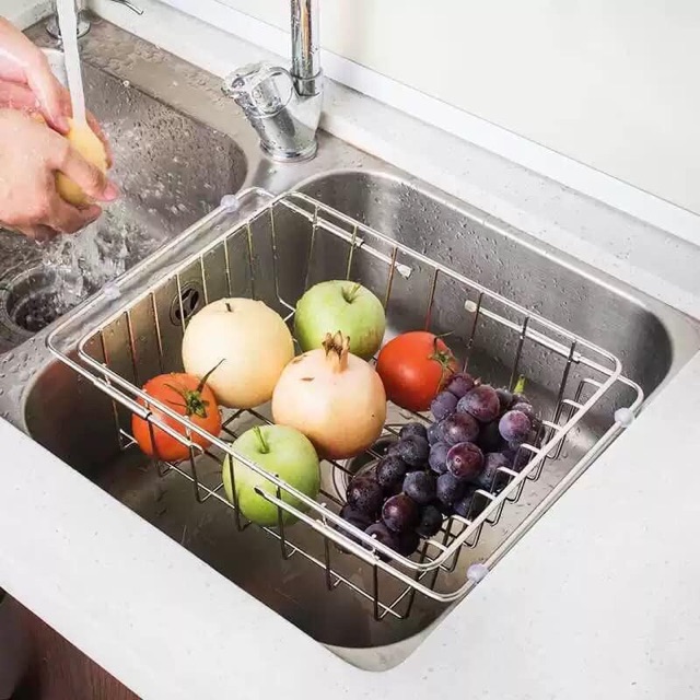 Rổ inox có tay kéo gác bồn rửa bát