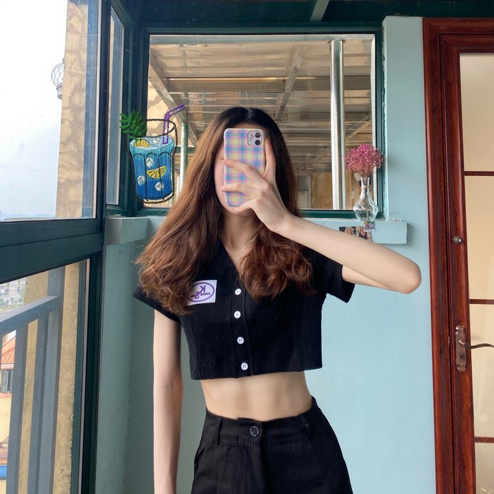 Áo croptop tay ngắn cài cúc BS chất Bozip, 3 màu trắng/hồng/đen VST