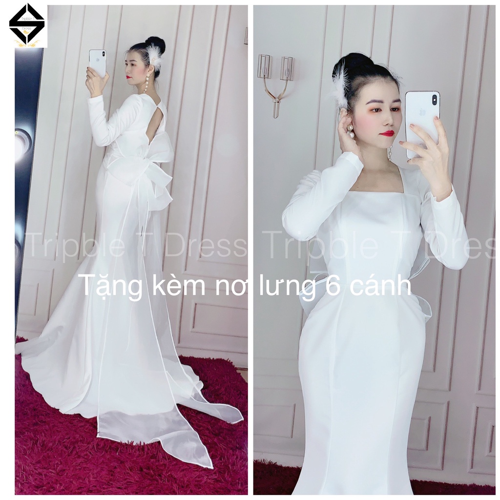 Đầm maxi body đuôi cá dài mặc cưới hở lưng tặn kèn nơ lưng 6 cánh siêu to TRIPBLE T DRESS - size S/M/L - MS177Y