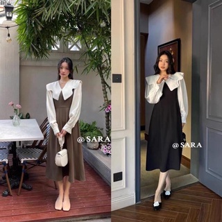 Váy Chéo Hàn Pha Tay Cổ Sen Dáng Dài Tiểu Thư 2 Màu Có Ảnh Thật Clara Siêu Xinh