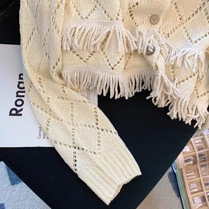 Áo Khoác cardigan Dệt Kim Mỏng Dáng Ngắn Phối Tua Rua Thời Trang Mùa Thu Hàng Mới Dành Cho Bạn Nữ