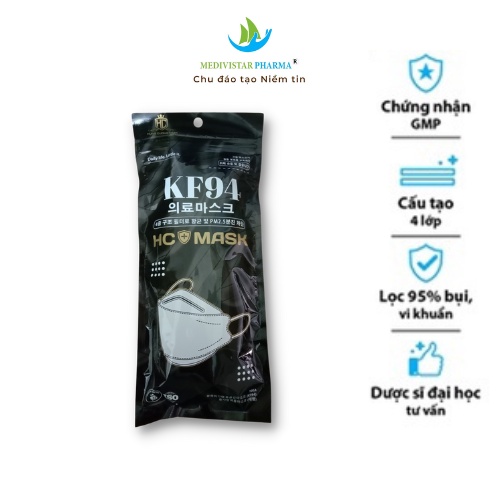 Khẩu Trang Y Tế KF94 HC Mask MEDIVISTAR PHARMA 4 Lớp Thông Minh Ôm Khít, Giúp Kháng Khuẩn, Ngăn Ngừa Bụi Túi 10 Cái