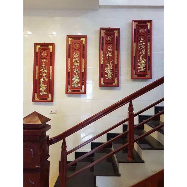 Tranh Tứ quý Vinh Hoa Phú Quý - Gỗ Hương Đỏ Treo Tường (107cm x 37cm x 3cm)