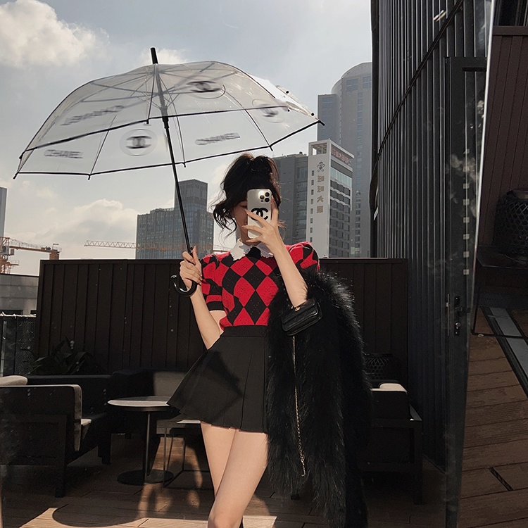 Set đồ SUXI gồm áo dệt kim caro và chân váy ngắn phong cách Hàn Quốc cho nữ