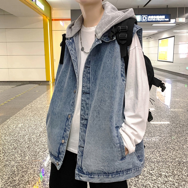 Áo Khoác Denim Không Tay Có Mũ Trùm Phong Cách Hàn Quốc Thời Trang Mùa Thu Dành Cho Nam