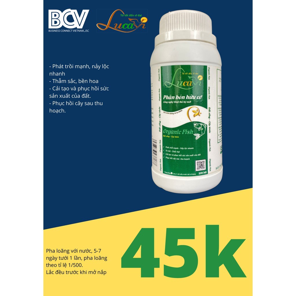 Phân bón hữu cơ vi sinh Lucavi Organic Fish 250ml - phù hợp với rau màu, cây ăn quả
