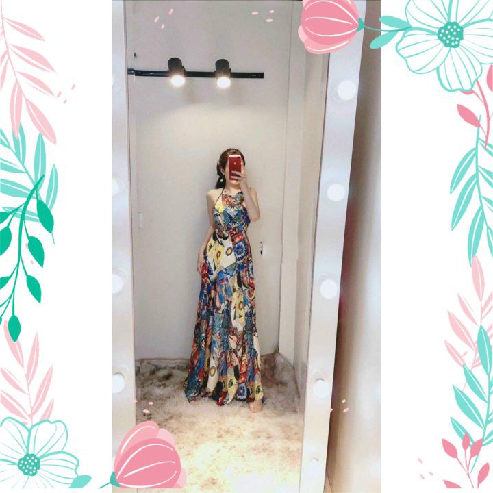 Đầm Maxi Đi Biển Họa Tiết Đẹp Cổ Yếm Váy Đầm Du Lịch Thời Trang Dáng Dài | BigBuy360 - bigbuy360.vn