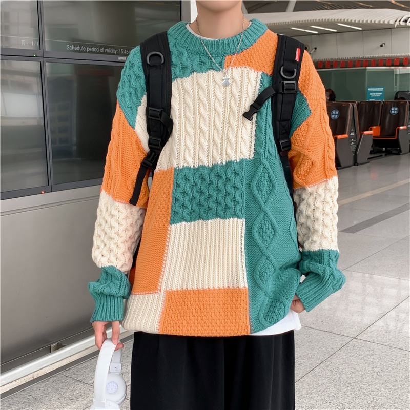 Áo Sweater Cổ Tròn Dáng Rộng Phối Màu Tương Phản Kiểu Nhật Hàn Thời Trang Thu Đông Cho Nam