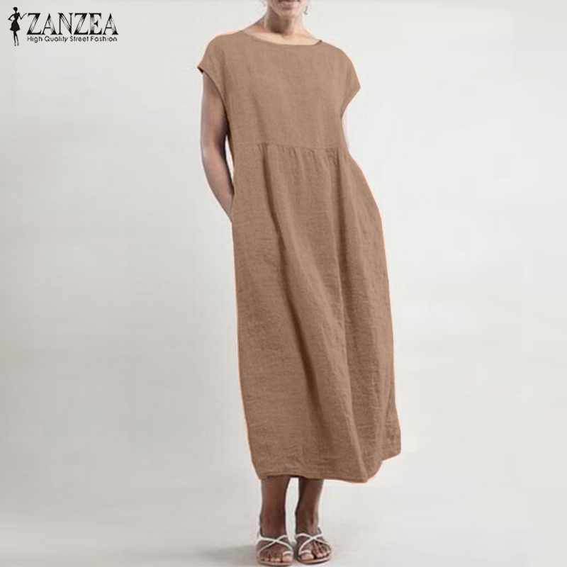 Đầm Maxi Zanzea Tay Ngắn Dáng Rộng Thời Trang Cho Phụ Nữ