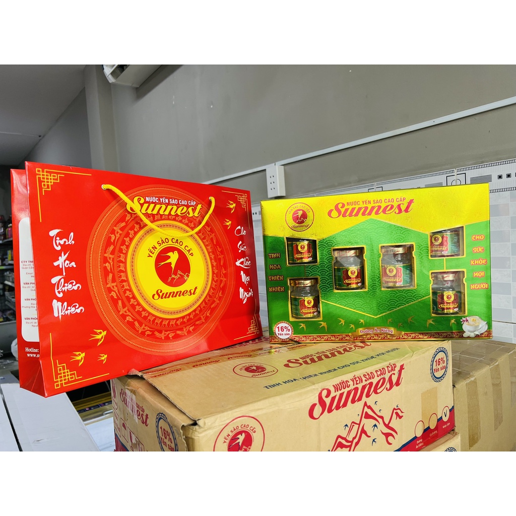 Hộp + túi xách quà tặng Yến Sunnest Hoàng Monnest Sallanest nhân sâm - đường phèn -tiểu đường 16% 6 hủ 70ml - em bé
