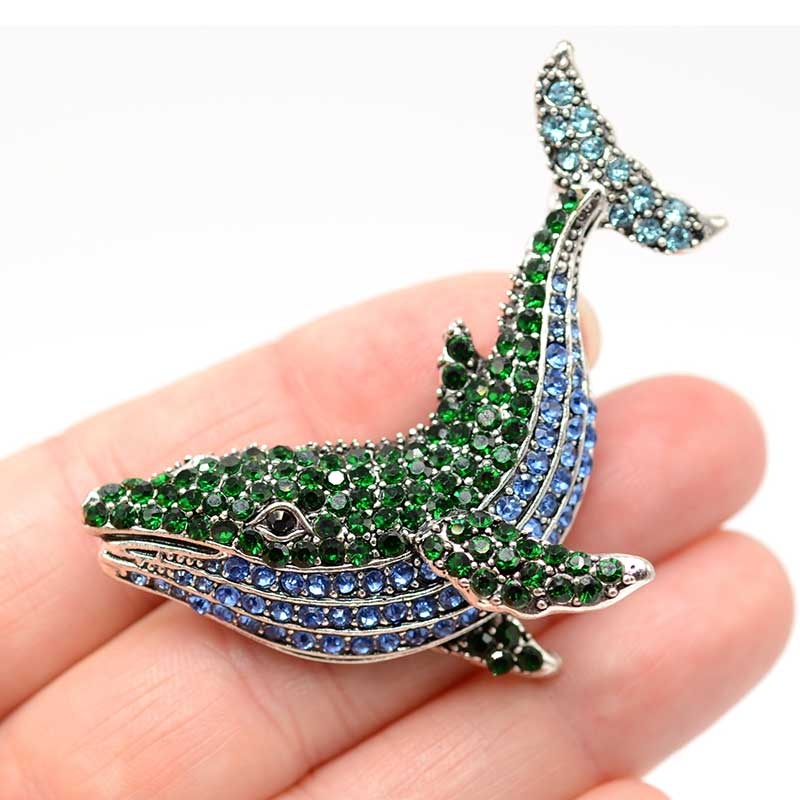 Ghim cài áo hình cá voi đính kim cương giả màu xanh phong cách thời trang dành cho nữ