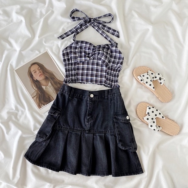 Ashley Set - Set áo crop top caro & chân váy jeans