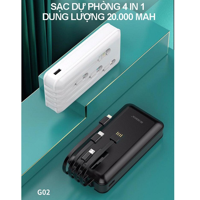 [Gắn Kèm Cáp] Pin sạc dự phòng G02 SD Design 20,000 mAh kèm 3 cáp sạc cho hầu hết điện thoại