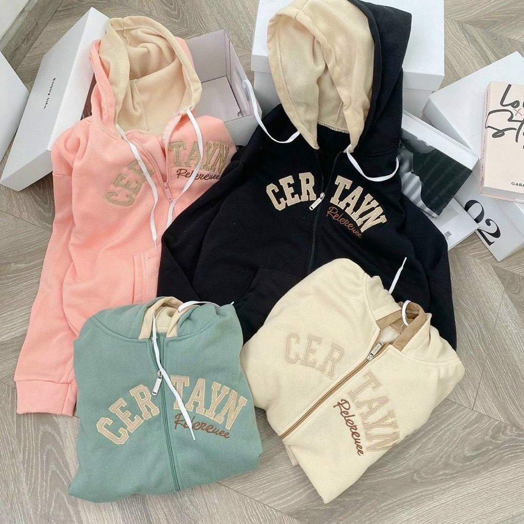 Áo Khoác Hoodie Nam Nữ Chất Nỉ Thun Thêu Chữ CerTayN Form Rộng Khóa Kéo Có Nón 2 Lớp
