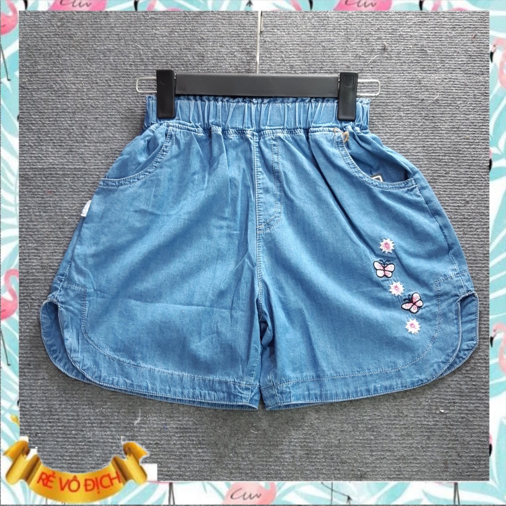 Quần jean cho bé gái 10-16 tuổi cộc thêu hoa, Quần đùi bò trẻ em size đại vải bò giấy nhẹ mềm thoáng mát ống quần rộng