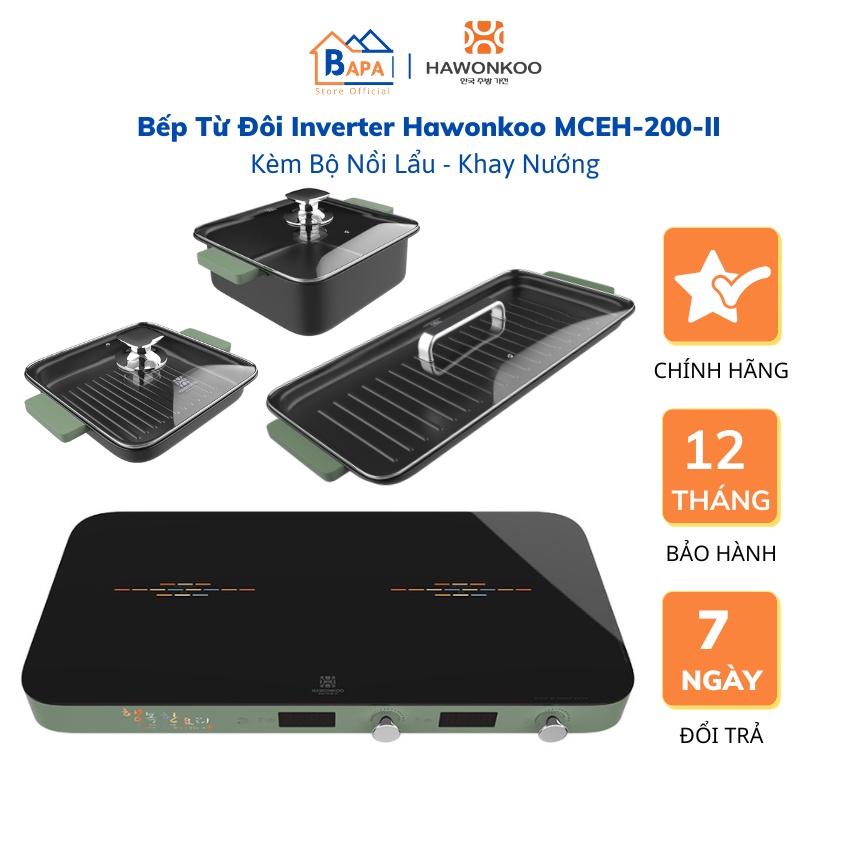 Bộ Bếp Từ Đôi Kèm Lẩu Nướng Hawonkoo MCEH-200-II- Tặng nồi lẩu, khay nướng - Công nghệ Inverter - Bảo Hành 12 tháng
