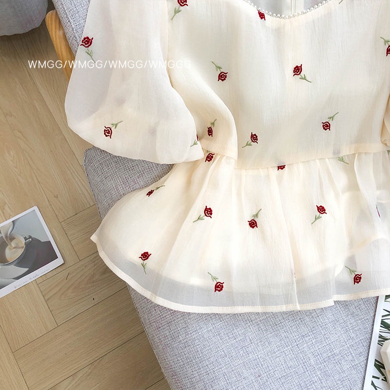 Áo Kiểu Nữ Ngắn Tay Cổ Vuông Thêu Hoa Thời Trang