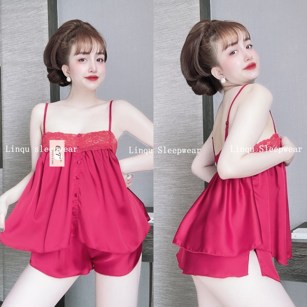Đồ ngủ sexy gợi cảm 2 dây, Đồ ngủ nữ lụa satin phối ren nút bọc có tăng đơ mặc ngủ dễ thương Freesize - Linqustore