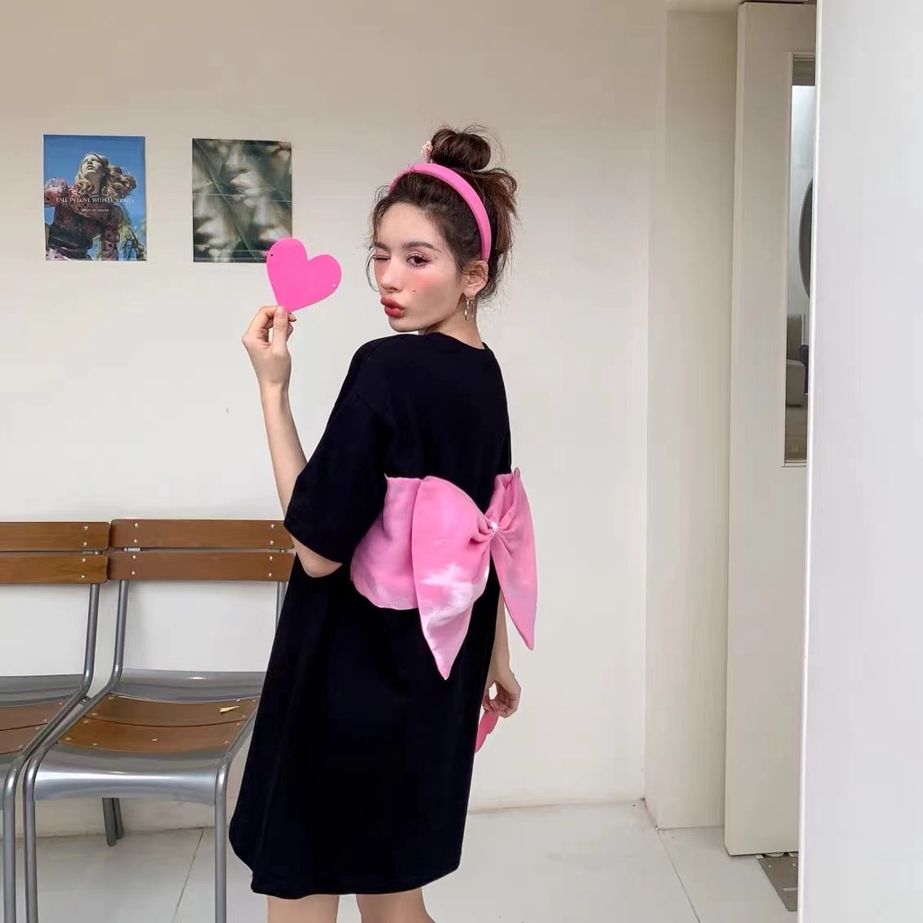 Áo Thun Tay Ngắn Dáng Rộng Phối Nơ Sau Lưng Thời Trang Mùa Hè Dành Cho Nữ
