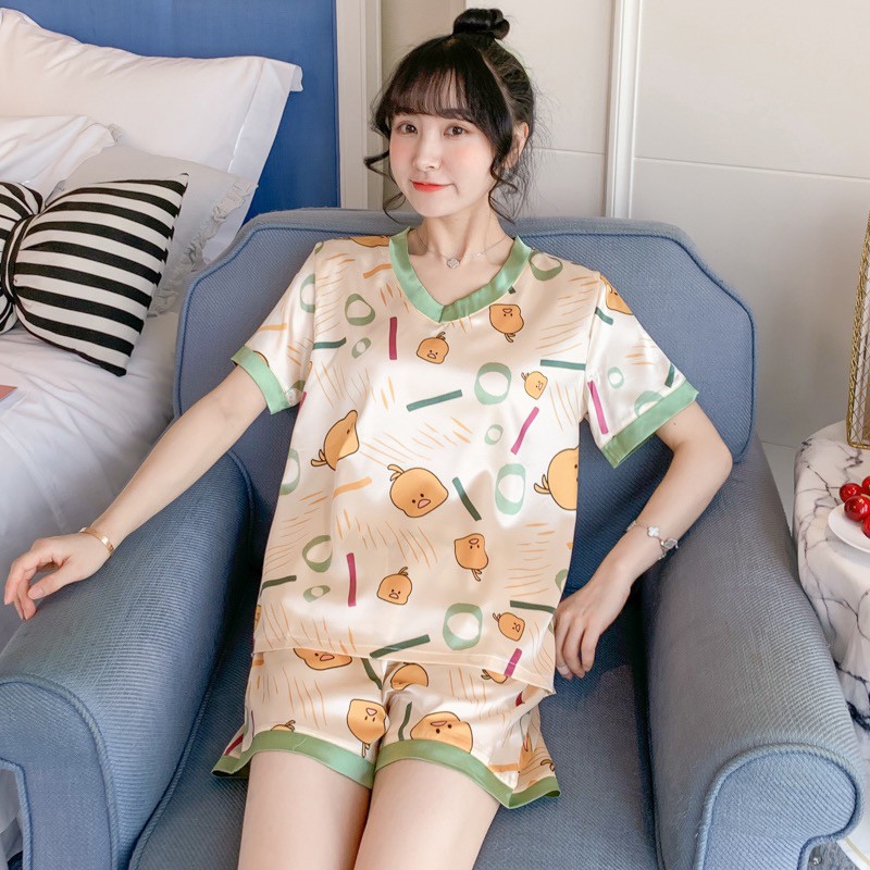 Đồ ngủ lụa nữ ngắn tay Hàn Quốc dễ thương phù hợp với mùa hè