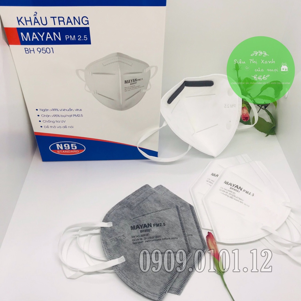 Khẩu trang n95 Mayan pm2.5 bh9501 đệm mũi cao cấp (10 cái), kn95 mask chính hãng lớp lọc kháng khuẩn than hoạt tính