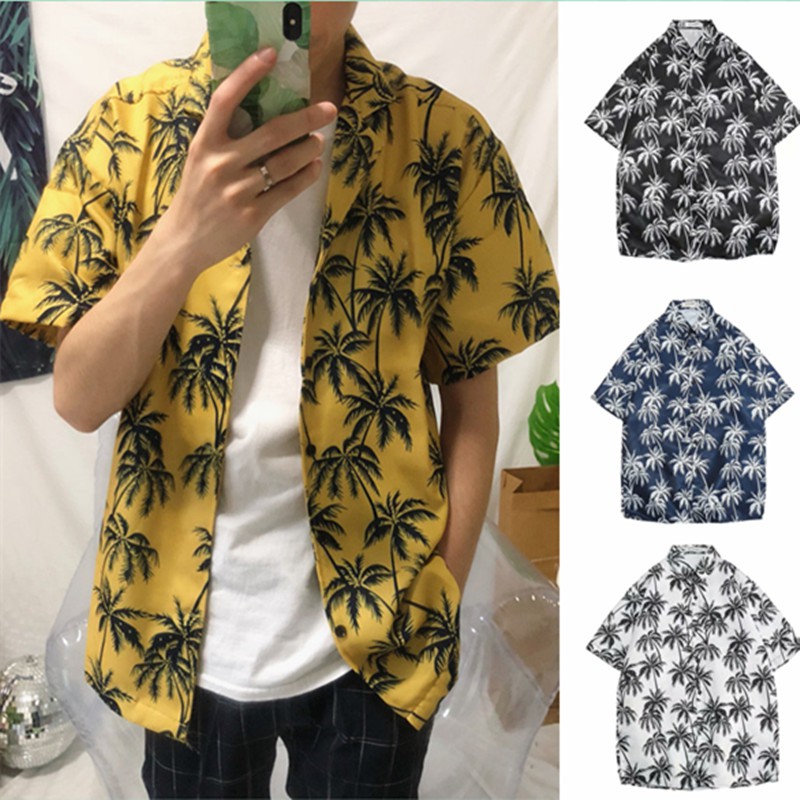 Áo Sơ Mi Tay Ngắn Dáng Rộng In Họa Tiết Cây Dừa Kiểu Hàn Quốc Thời Trang Cho Nam