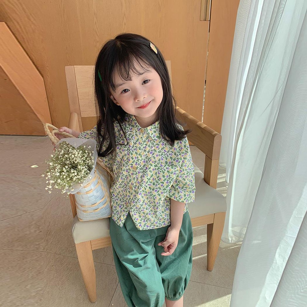 Bộ Trang Phục Hai Mảnh Gồm Áo Sơ Mi Tay Ngắn Và Quần Ngắn In Hoa Tươi Mới Thời Trang Mùa Hè Hàn Quốc Nhật Bản Dành Cho Bé Gái