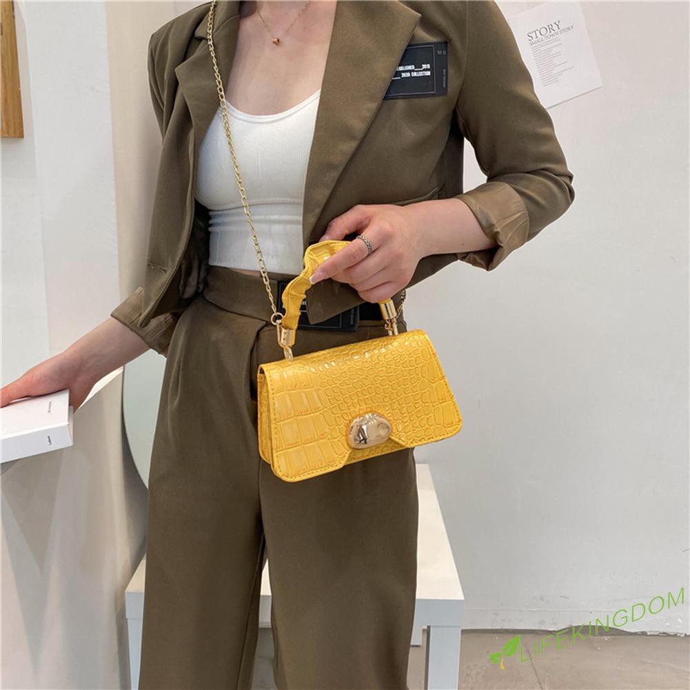 Fashion Women PU Solid Color Alligator Pattern Shoulder Bag Pleated Handbag