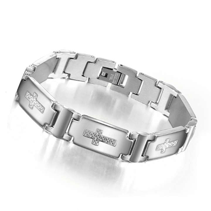 Lắc tay nam titan cao cấp đẹp sang trọng inox thép không gỉ kiểu chạm thánh giá trangsucpt màu trắng PTLTNA97