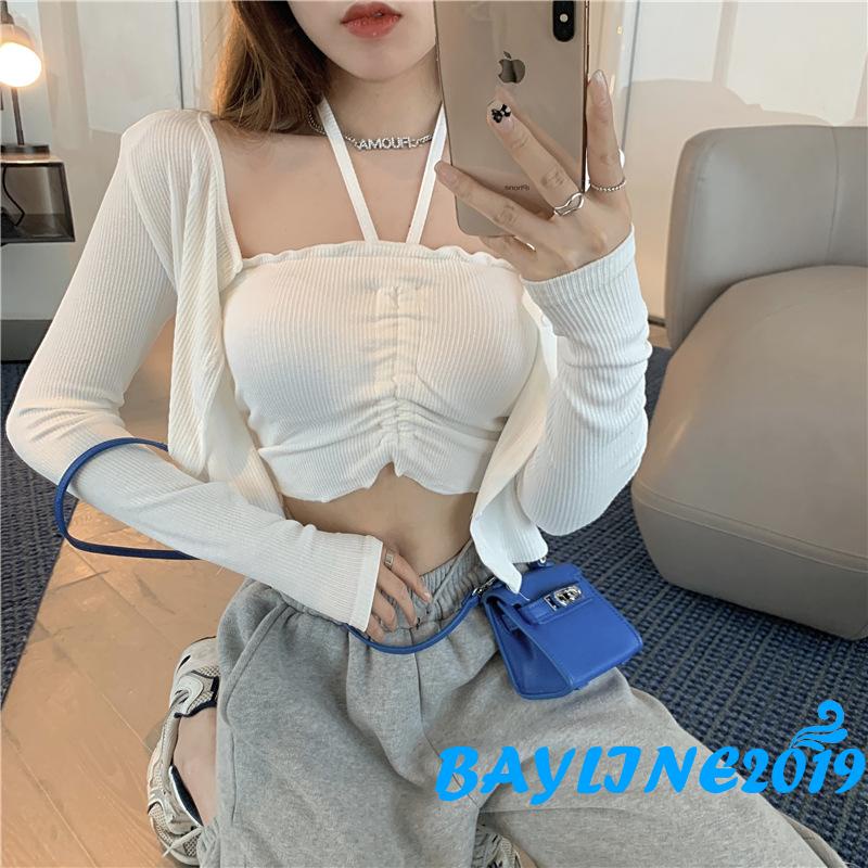 Áo Croptop Dệt Kim Không Tay Phối Dây Rút Trước Ngực Màu Sắc Trơn Gợi Cảm Cho Nữ