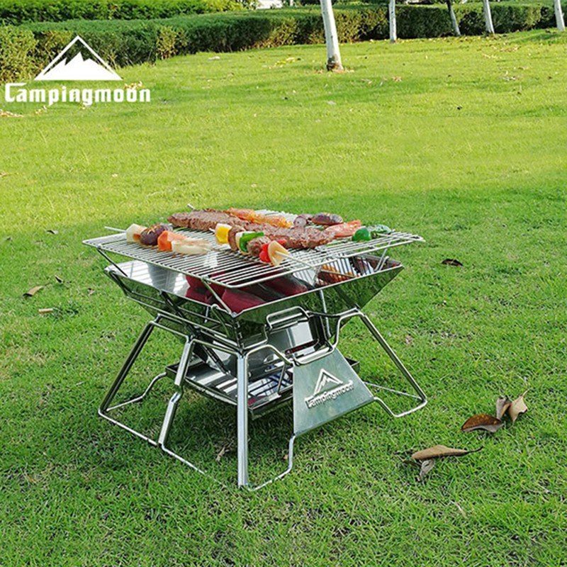 Bếp nướng than hoa BBQ ngoài trời CAMPINGMOON cỡ lớn inox 304 dã ngoại du lịch Lò nướng thịt gấp gọn xách tay cao cấp