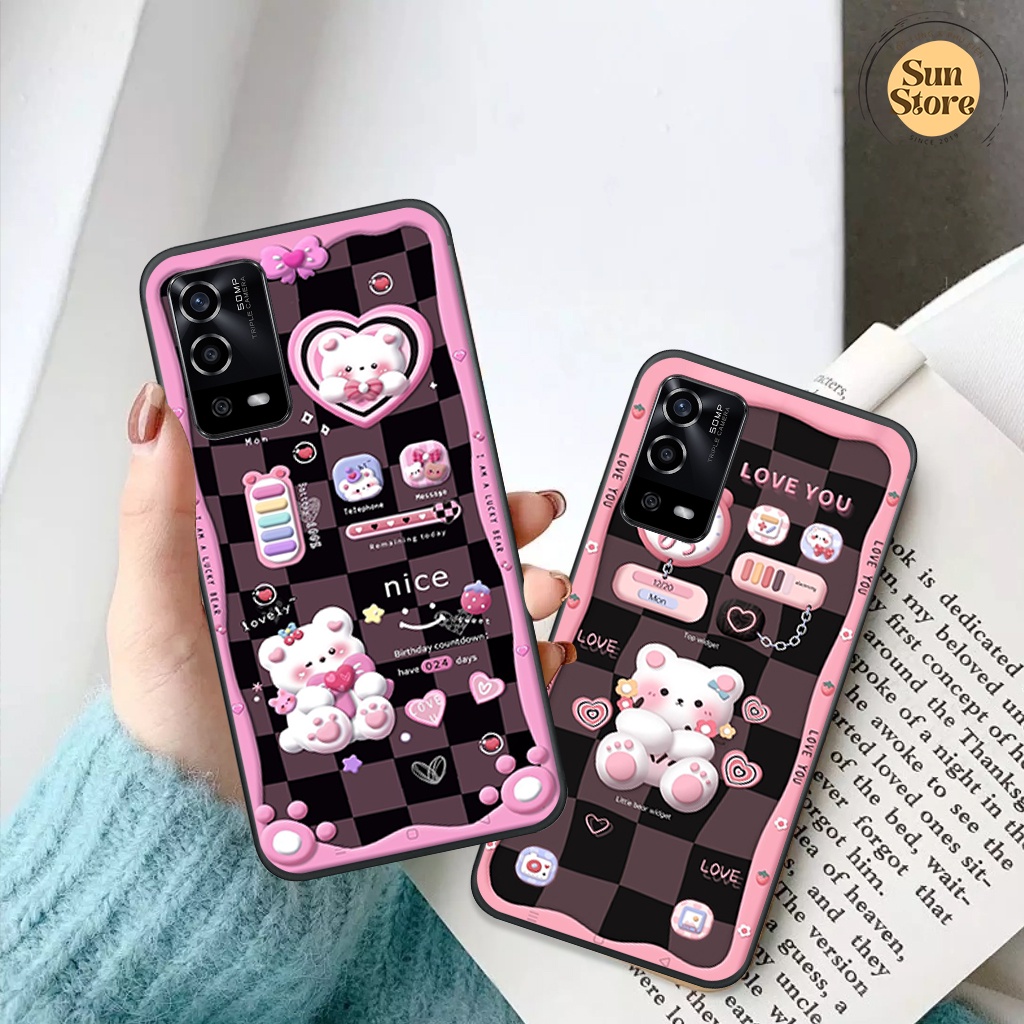 Ốp lưng Oppo A55 hoạ tiết 3D nền kẻ caro, gấu đáng yêu viền dẻo