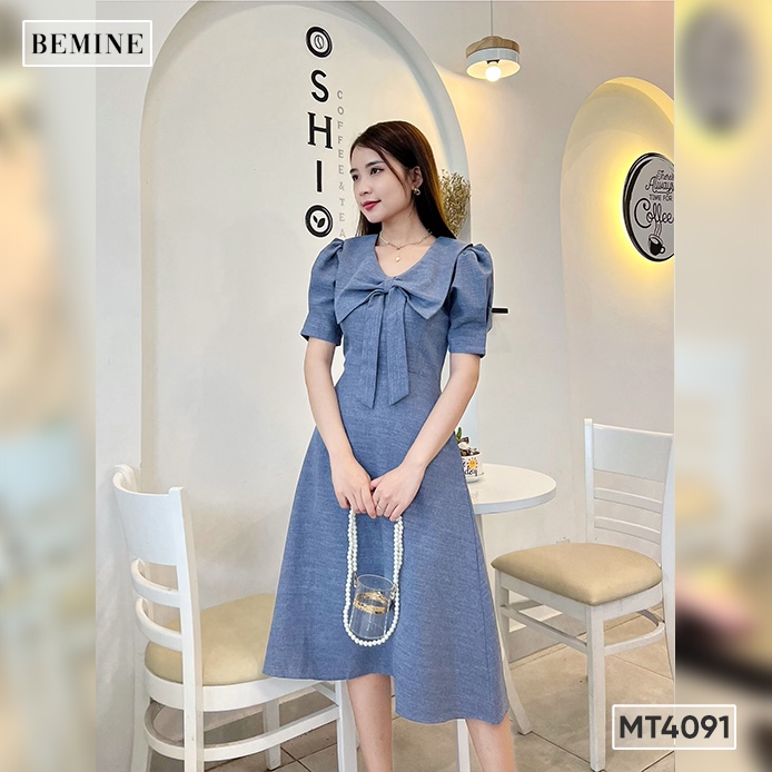 Đầm suông cổ nơ tay xếp li BEMINE MT4091