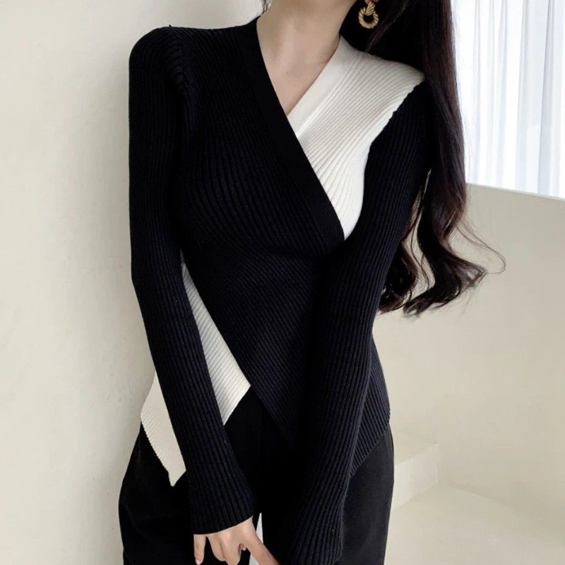 IELGY    Ladies V-neck Contrast Color Waist Irregular Knitted Sweater Long Sleeve