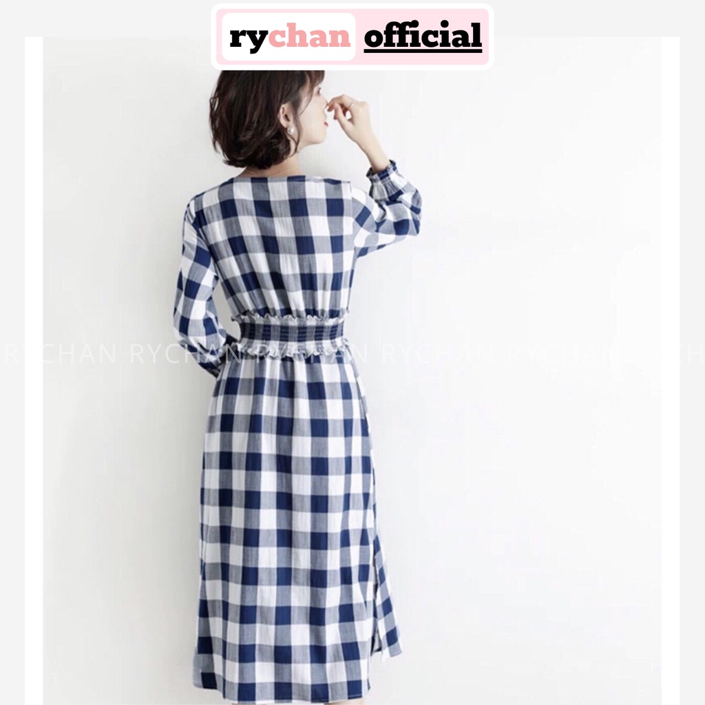 [ẢNH THẬT CUỐI] DX601 - Đầm Xòe Caro Cổ V Nhún Eo Tay Dài