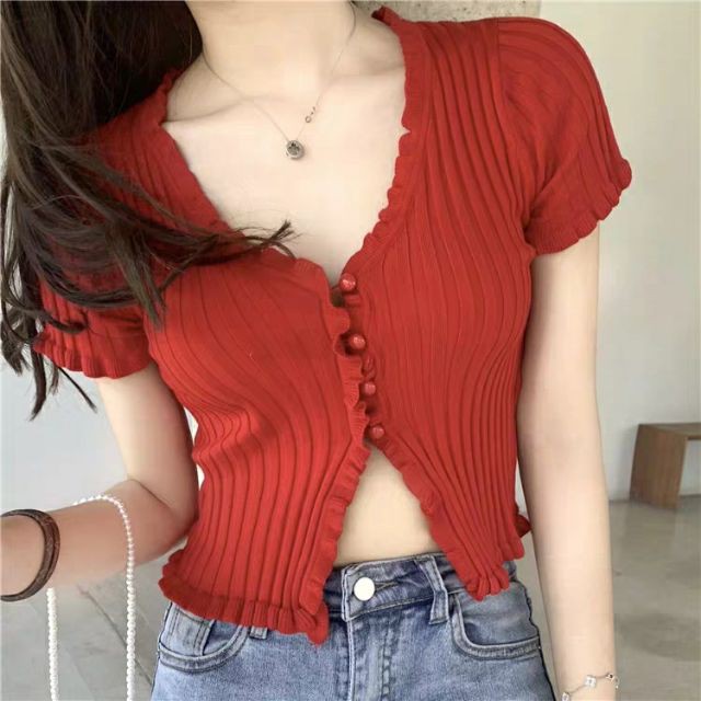 (Sẵn) 😍 Áo cổ tim ngắn tay xẻ vạt bụng điệu đà phong cách vintage