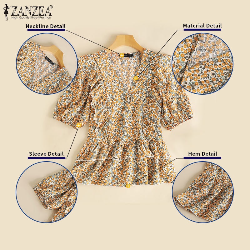 Áo kiểu ZANZEA tay phồng cổ chữ V in họa tiết thời trang cho nữ