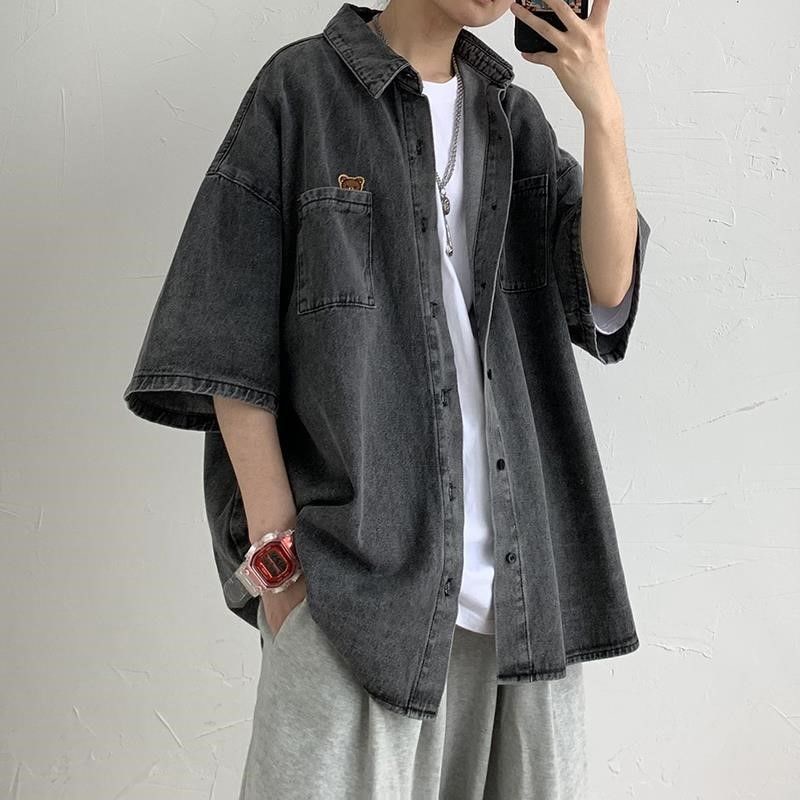 Áo Khoác Denim Tay Ngắn Dáng Rộng Màu Sắc Đơn Giản Phong Cách Nhật Bản Cho Nam Giới
