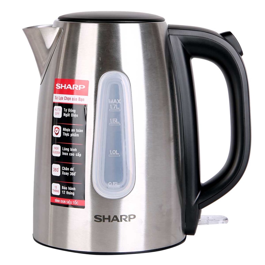 Bình ấm đun siêu tốc Sharp 1.7L lõi Inox, có lưới lọc, tự ngắt khi nước sôi và cạn nước - HAPOS