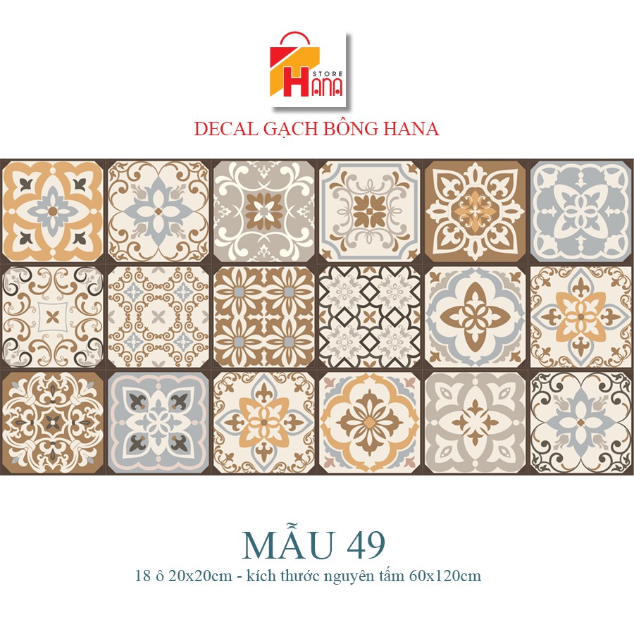 Set 48 ô 15cm hoặc 27 ô 20cm Decal gạch bông - KT 60x180cm -Mẫu 49