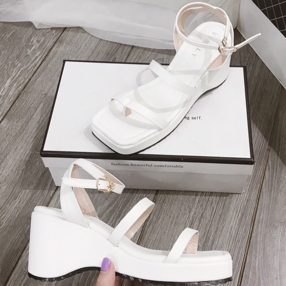 giày cao gót nữ Giày sandal đế xuồng nữ đế gợn sóng phối quai ngang cách điệu - Giày đế xuồng cao 7cm 2 màu - LN237