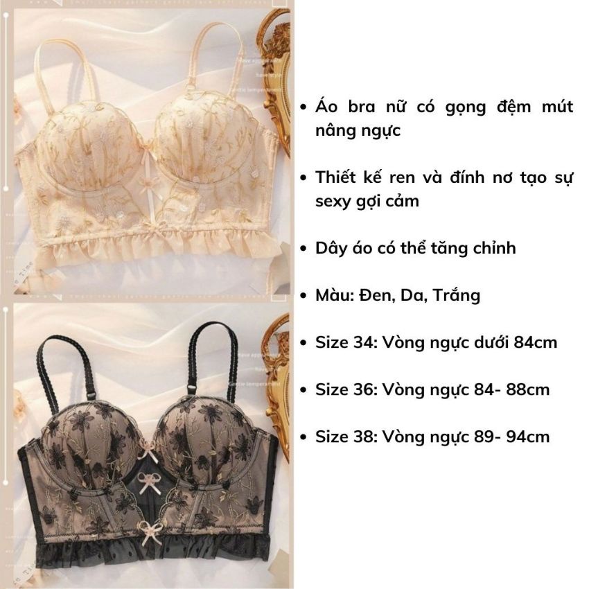 Áo bra nữ, bra ren Cao Cấp đính nơ gợi cảm sexy, áo lót nữ Bralette có gọng đệm mút nâng ngực tạo khe quyến rũ A1008
