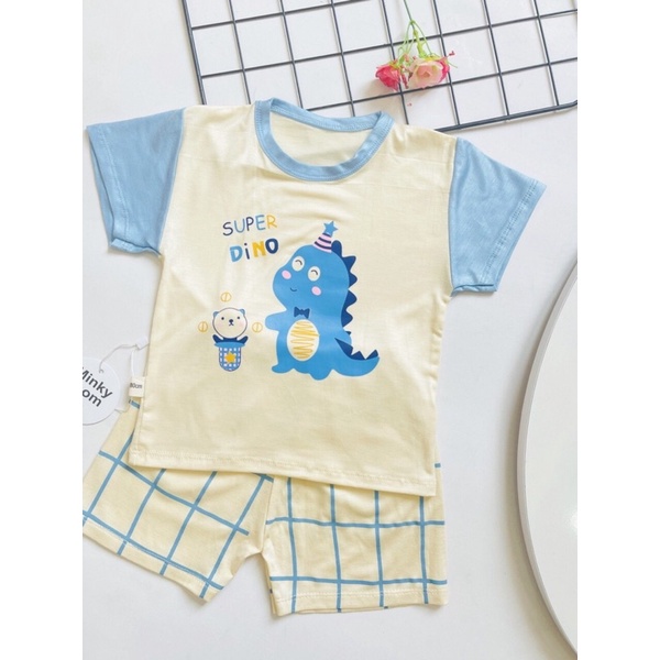 Bộ quần áo thun lạnh Minkymom hoạ tiết hình thú quần kẻ caro mềm mịn mát cho bé 5-15kg