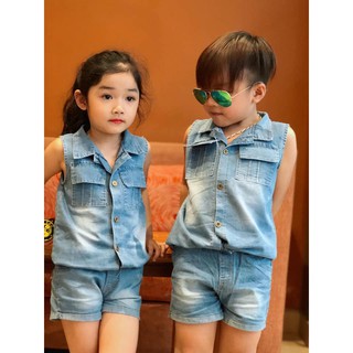 Bộ Quần Áo Bò Gu cì Sát Nách Sành Điệu Cho Bé Trai, Bé Gái (Hàng đẹp, có hình thật)