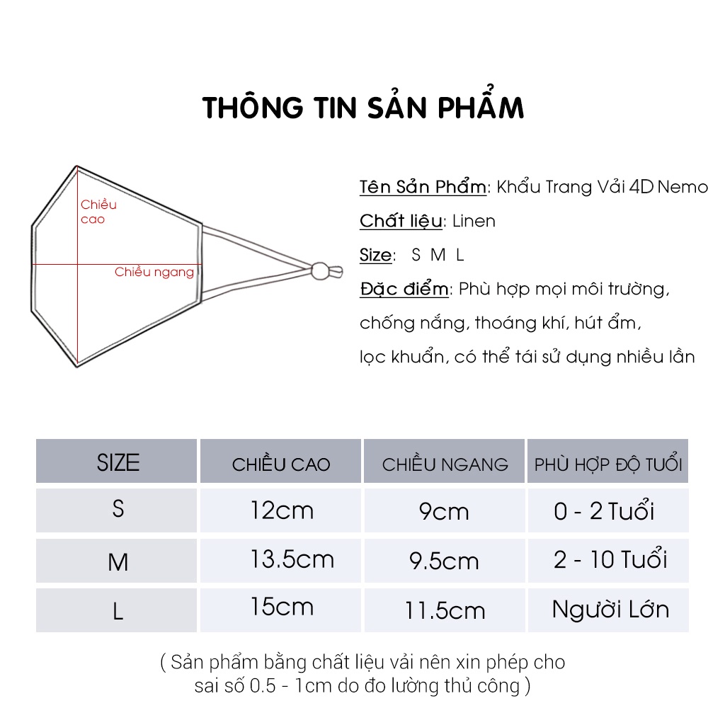 Khẩu Trang 4D Nemo Handmade, Chống Nắng, Lọc Bụi, Lọc Khuẩn, Thoáng Khí, Chất Liệu Full Linen, Đủ Size - KTDLN