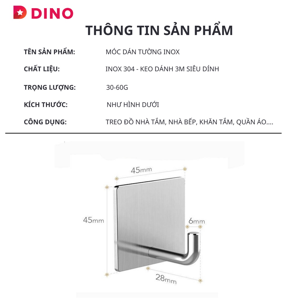 Móc dán tường Inox 304 cao cấp - Kèm keo dán 3M - Treo Khăn tắm, quần áo, đồ dùng nhà bếp, nhà tắm