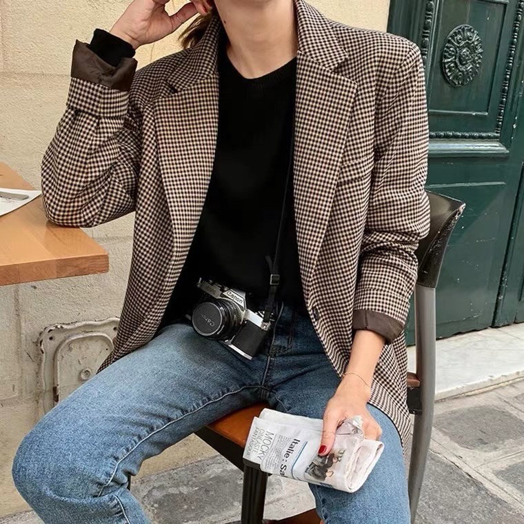 Áo khoác blazer kẻ zizac 2 lớp cúc tay, áo khoác nữ kẻ hàn quốc dày dặn hottrend