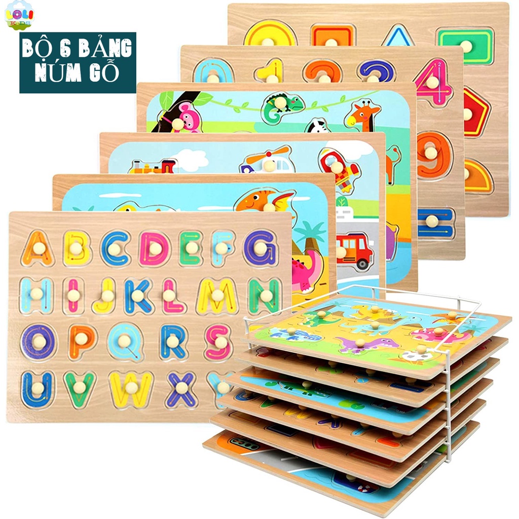 Bộ 6 đồ chơi xếp hình chốt gỗ, Bộ xếp hình nút bấm giáo dục cho trẻ em 2 3 4 tuổi - Bảng chữ cái, bảng số, bảng hình học