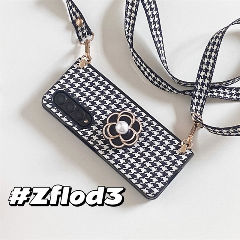 Bao Da Điện Thoại pu Họa Tiết Hoa Trà Đính Ngọc Trai Thời Trang Cho samsung galaxy z fold 5 4 3 5g Ốp