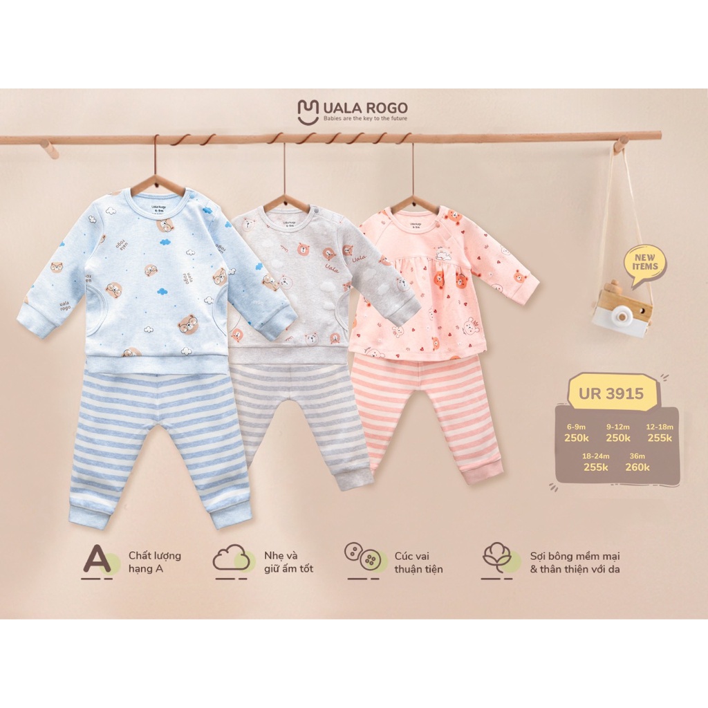 Bộ thu đông cho bé Uala rogo 6 tháng-3 tuổi cotton nỉ cổ tròn giữ ấm tốt họa tiết phối kẻ 3915